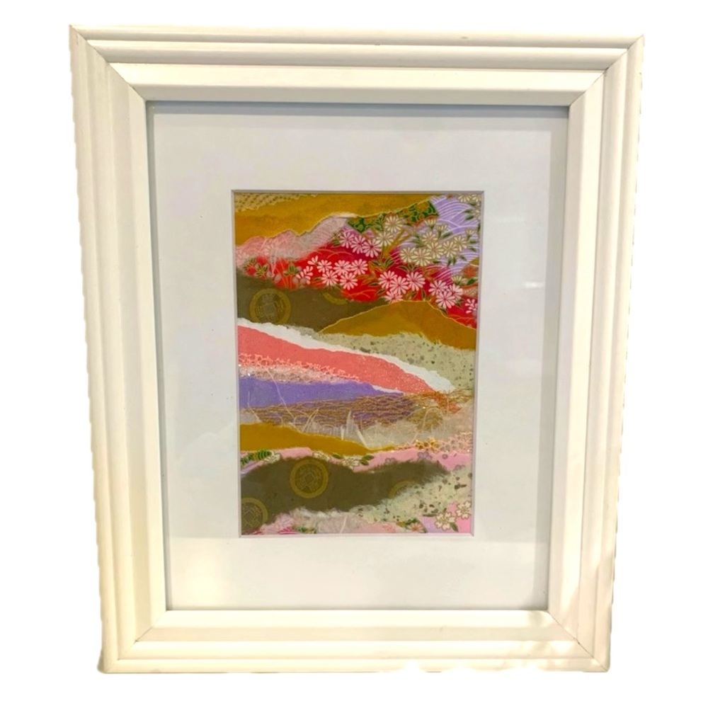 Framed Wall Art Asian Japanese Floral Paper Collage Mixed Media Handmade 10x12